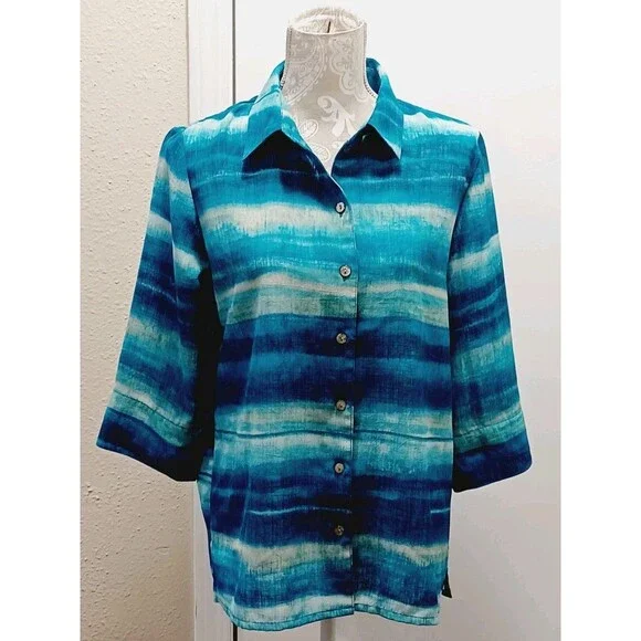 Allison Daley Button Up Women's Blue Wave Print Blouse Size 10 - Picture 1 of 7
